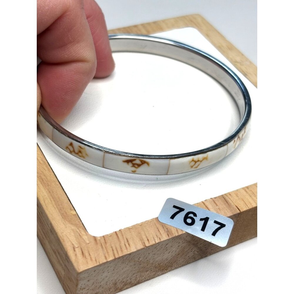 White & Gold  Enamel Bangle Bracelet With Silver-Tone Metal Finish